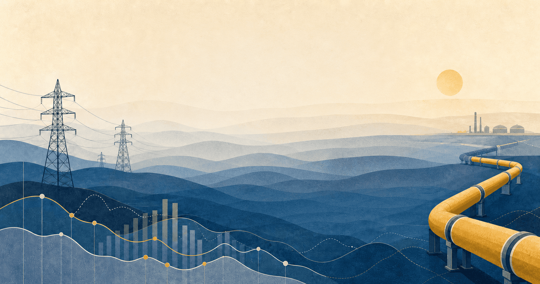 Ilustrație editorială despre piața de electricitate și gaze